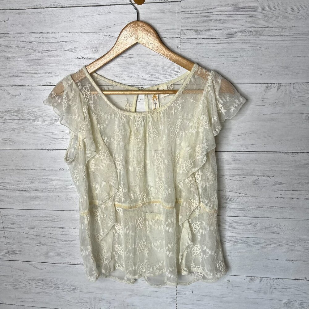 Adiva Top Womens Size Small Ivory Lace Floral Mesh Flutter Sleeves Peplum Ruffle - Picture 3 of 16